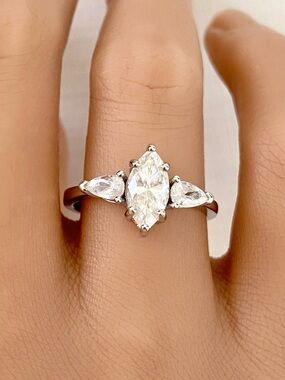Marquise White Moissanite Diamond Pear CZ Three Sterling Silver Ring Women’s